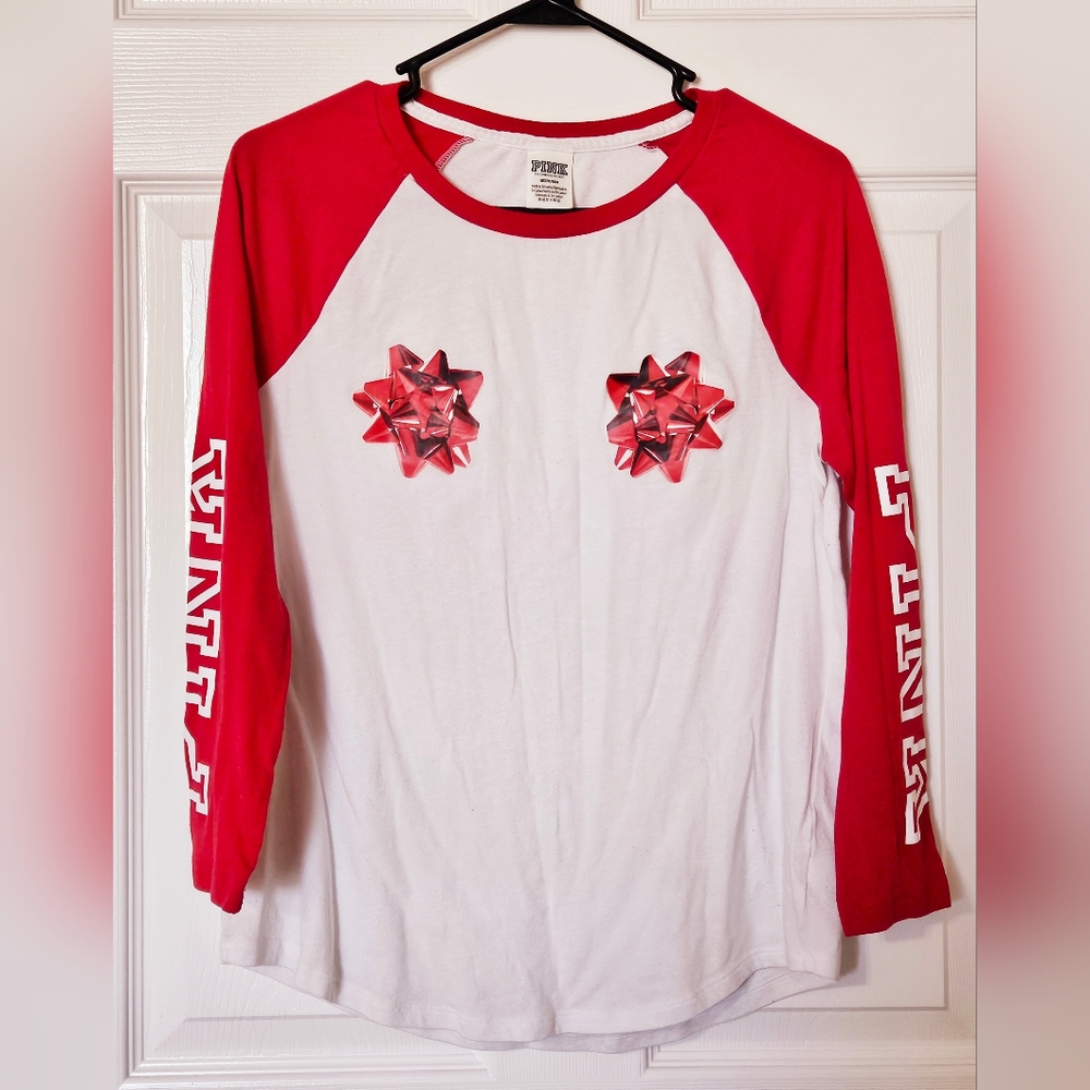 Victoria's Secret PINK Christmas Bow Baseball Tee, Sz M
